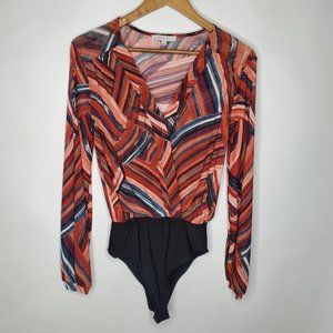 Story On Womens Brushstroke Bodysuit Top Size S Long Sleeve Semi Sheer V Neck